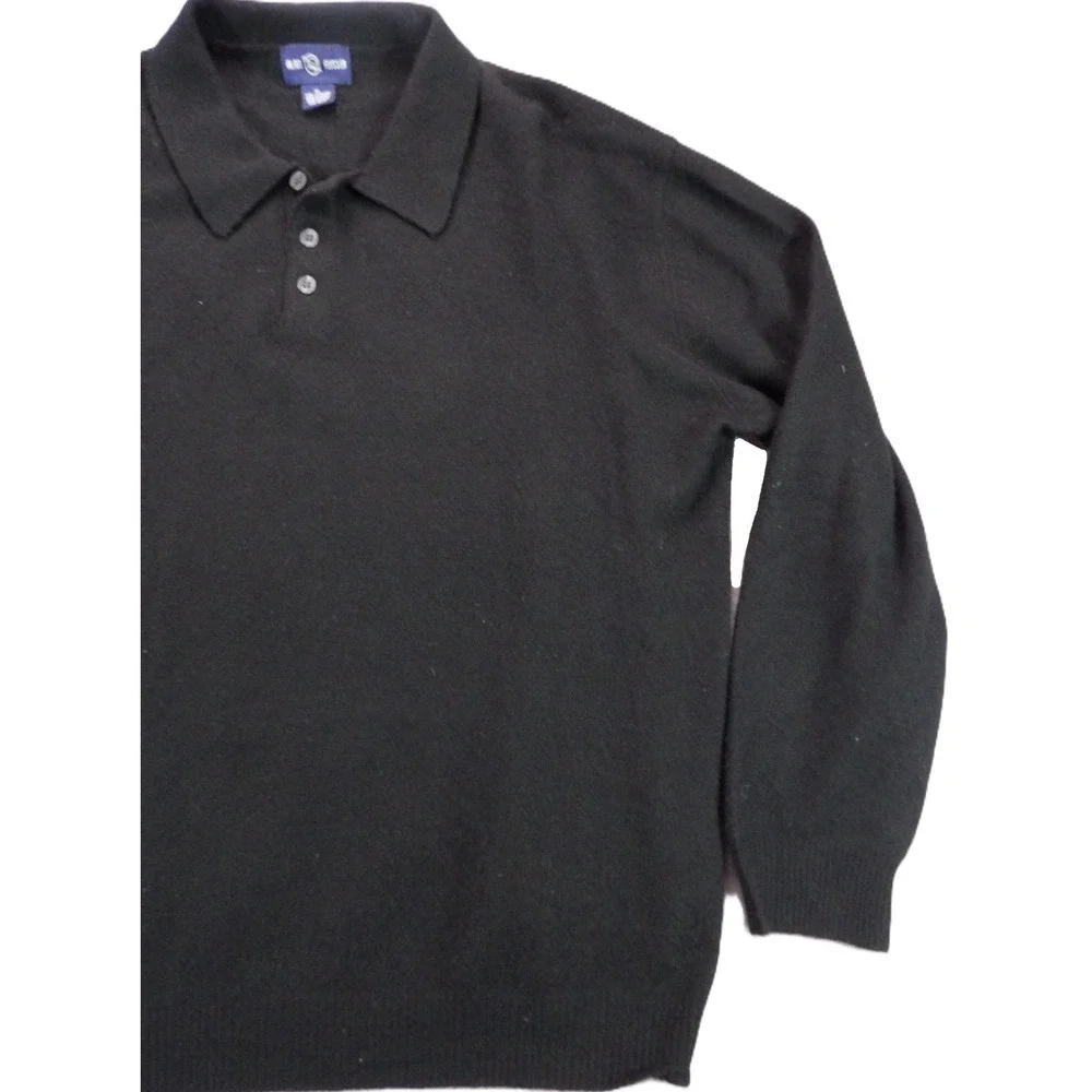 Alan Flusser Cashmere Polo Sweater Men XL Black Long Sleeve Button Neck Knit Top